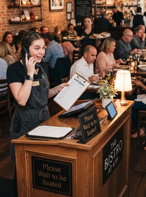 Host at the restaurant host stand answering the phone while guests dine during peak service